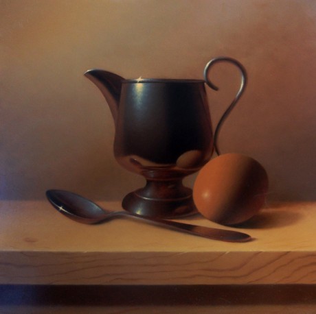 Still life with egg and spoon - olej  40 x 40 cm