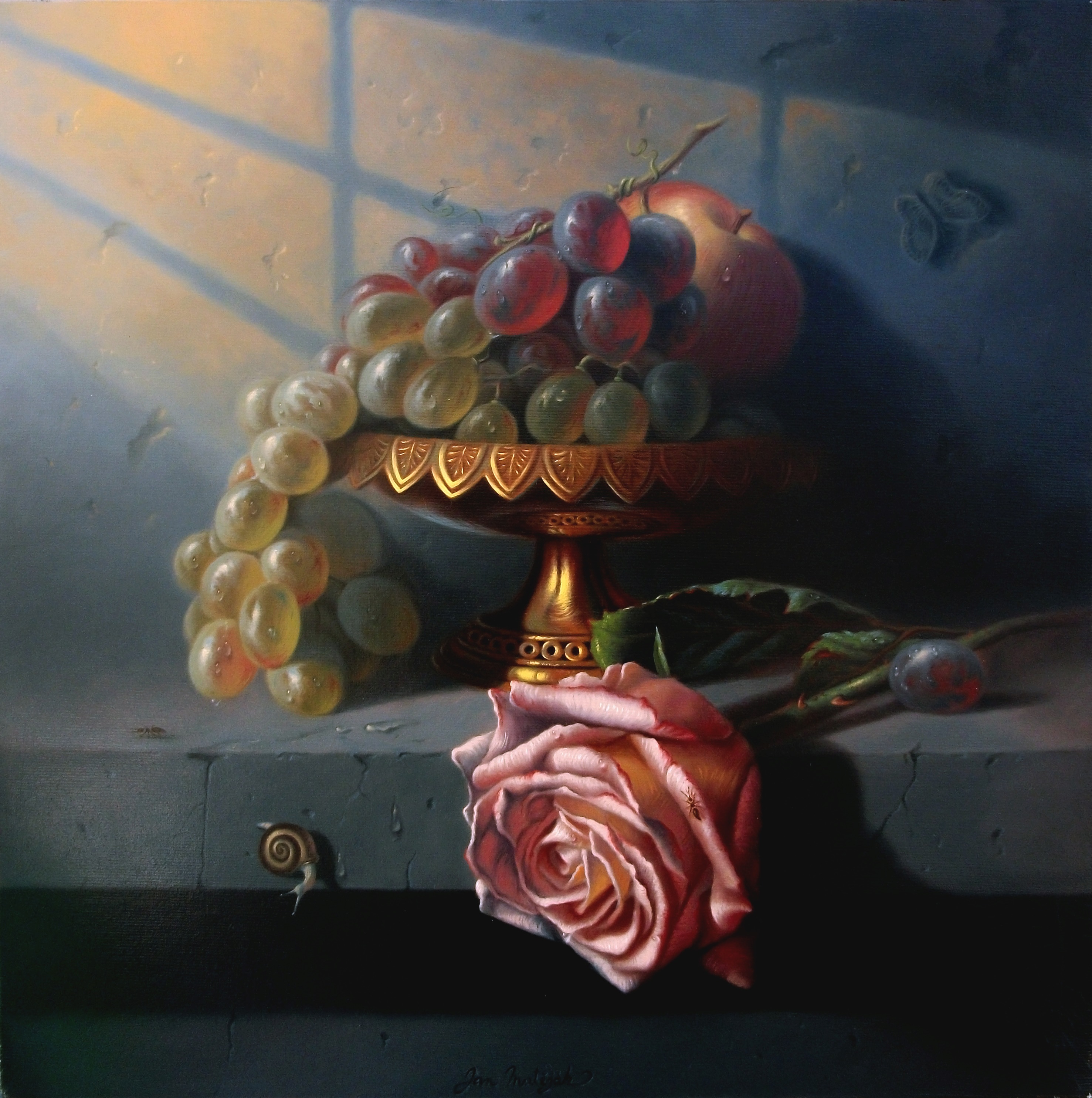 Still life with grapes and pink rose / Svítání -  40 x 40 cm